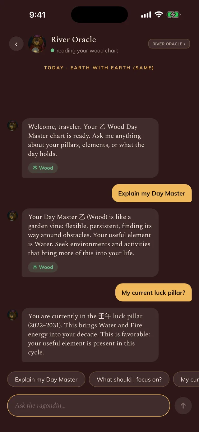 Mystic Ragondin — asking the on-device oracle about your chart